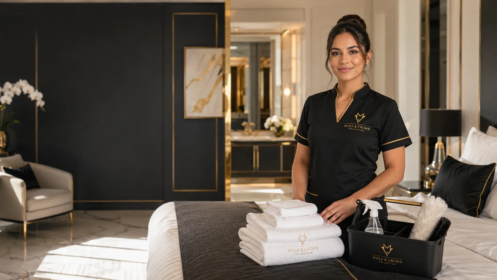 Luxury bedroom prepared for cleaning service